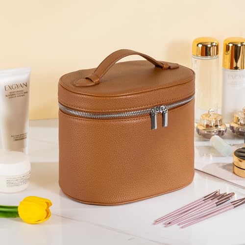 Makeup Bag Vanity Case Cosmetic Bag with Removable Divider Travel Toiletry Bag for Women Portable Make up Box Organizer, Brown