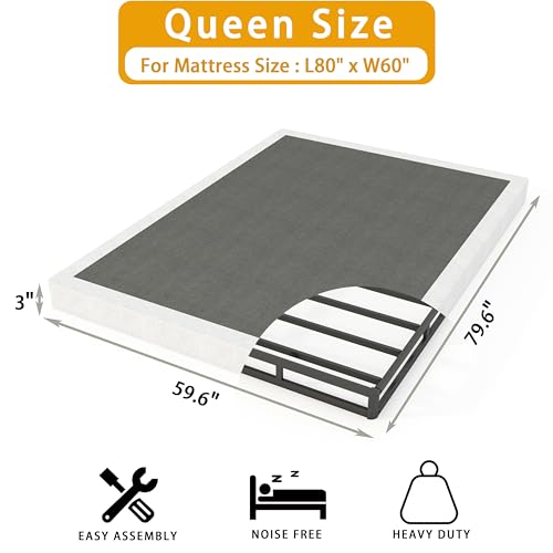 Queen Size 3 Inch Heavy Duty Metal Box Spring Bed Base with Fabric Cover - Sturdy Support