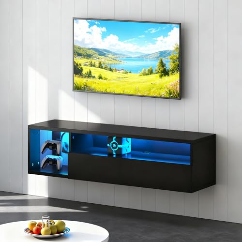 Floating TV Stand with LED Lights - 39.3 Inch Black Wall Mount Entertainment Center