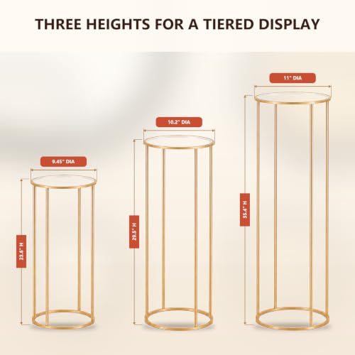 Gold Metal Cylinder Pedestal Stands 3-Pack for Party Decor & Cake Displays