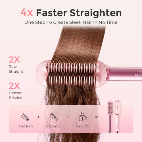 Hair Straightener Brush for Women, Ionic & Ceramic Hot Comb, Pink