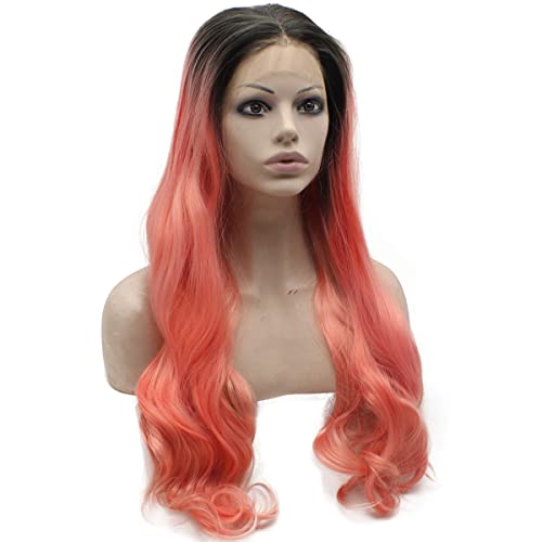 Long Black Roots Pink Synthetic Lace Front Wig - Hand Tied Heat-Resistant Hair