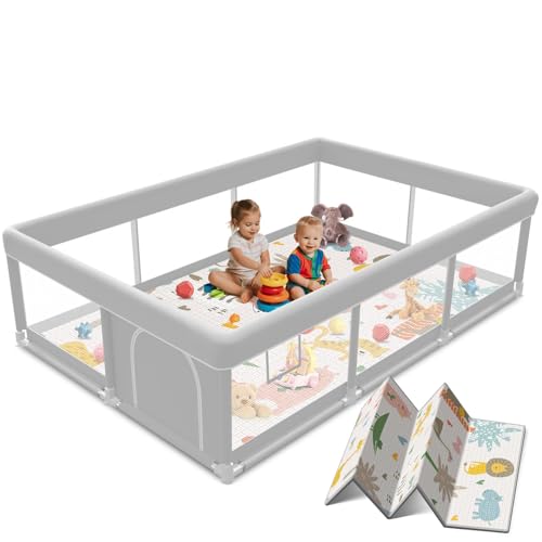 Baby Playpen with Mat 74x50 Inch - Grey, Safety Gate and Activity Fence for Toddlers