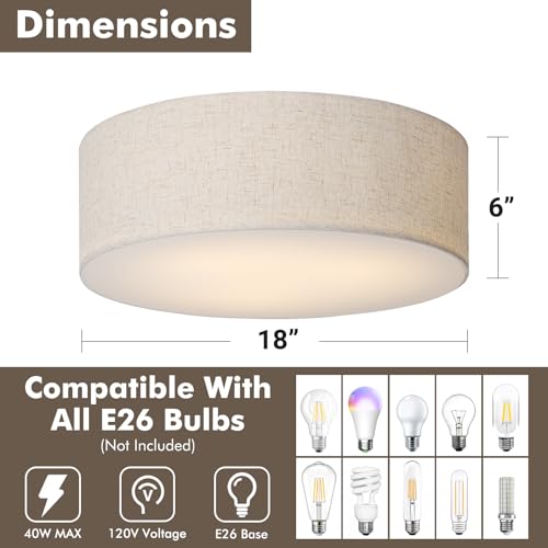 CALOKES 18-Inch Large Beige Drum Flush Mount Ceiling Light Fixture with Fabric Shade - Modern Farmhouse Ceiling Lamp for Living Room, Bedroom, Kitchen, Foyer