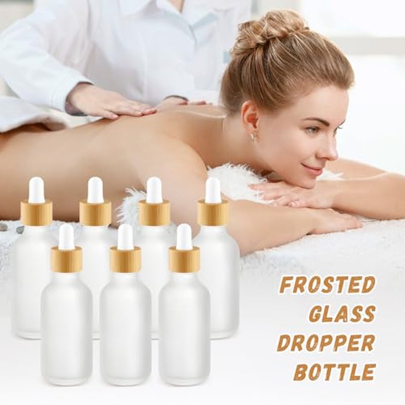 12 Pcs Frosted Glass Dropper Bottle Refillable Essential Oil Container Jars with Eye Dropper & Bamboo Lids for Perfume Sample Cosmetic Liquid Travel - 60ml/2oz