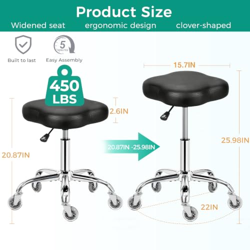 Heavy Duty Rolling Stool with 22" Metal Base, 450 lb Capacity, Ergonomic PU Leather