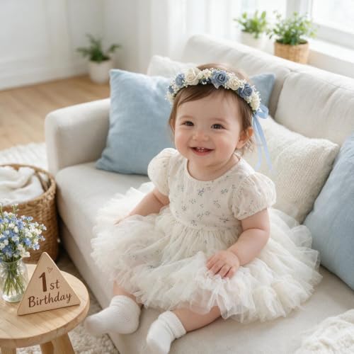Dusty Blue Toddler Flower Crown with Baby's Breath for Weddings & Photos