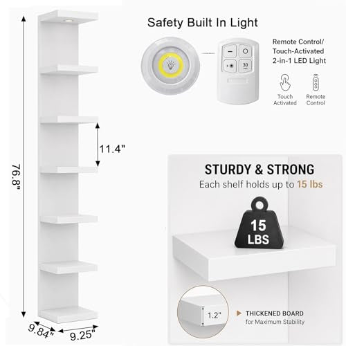 White 7-Tier Wall Shelf Unit with LED Light - Floating Display Shelves