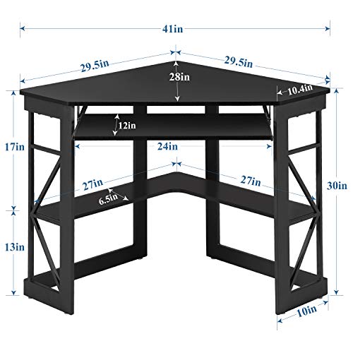 VECELO Corner Computer Desk 41 x 30 Inches with Keyboard Tray & Storage Shelves - Black