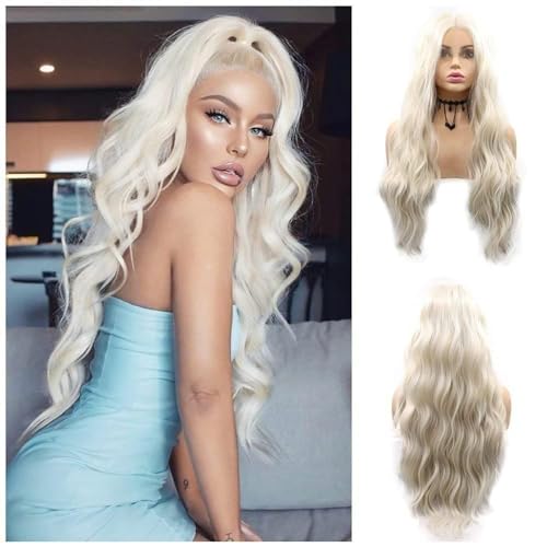 Blonde Curly Lace Front Wig 24 Inch Water Wave Synthetic Hair for Women - Platinum #60 - Natural Look & Heat Resistant - Variation of Blonde