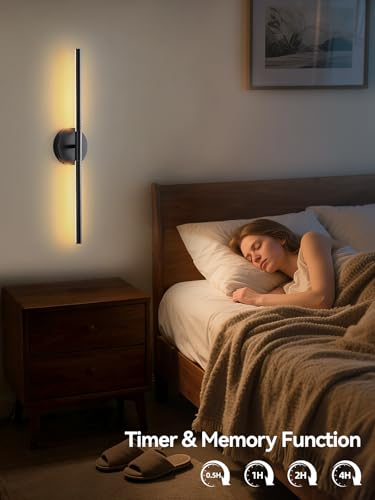 Black 24-inch Battery Operated Wall Sconce Set of 2 with Remote & Touch Control - Modern Rechargeable Lighting