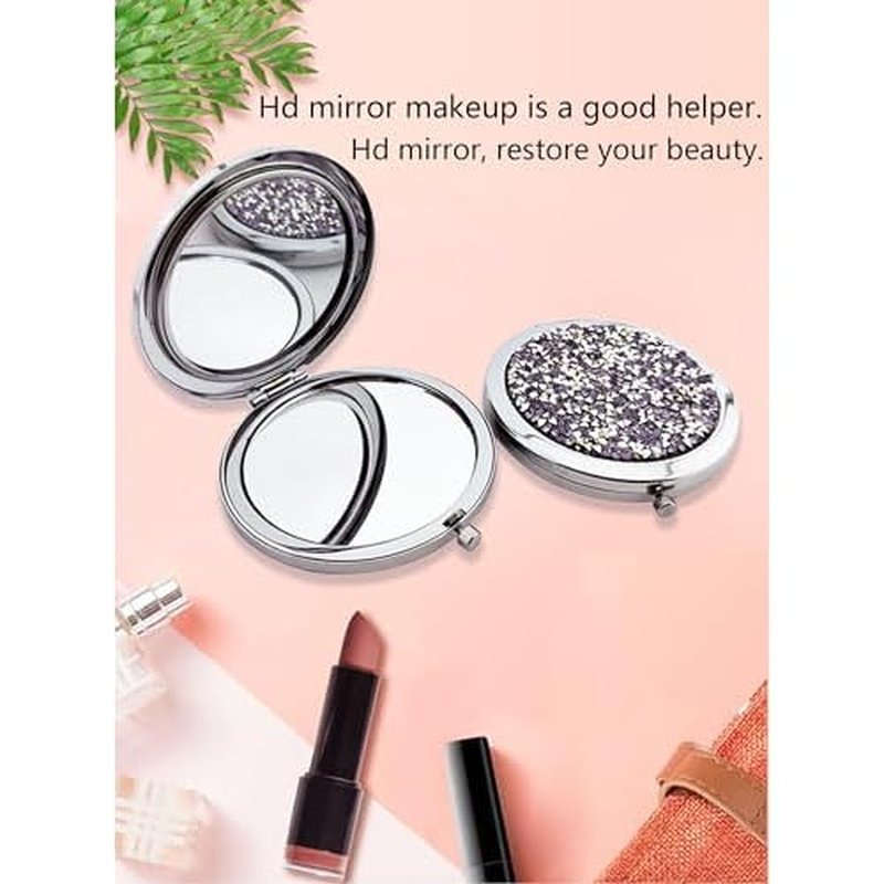 6 PCS Rhinestone Double-Sided Mirror Portable Small Mirror Folding Pocket Makeup Round Hand Makeup Magnifying Glass Women's/Girls Travel Gift (Mixed Colors)