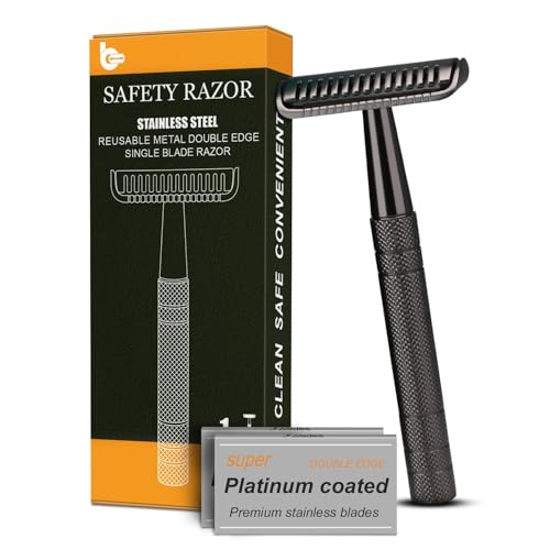 Double Edge Safety Razor for Men and Women, Stainless Steel Single Blade Metal Razor, with 10 Double Edge Blades, Smooth Close Gentle Shave, Plastic Free Zero Waste Shaving, Black