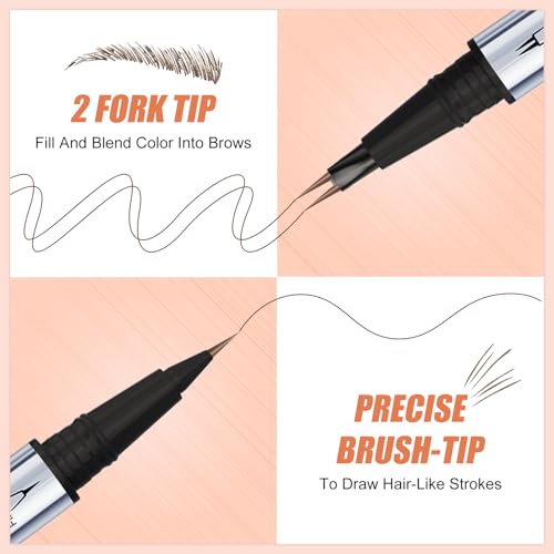 Microblading Eyebrow Pen, Eyebrow Pencil Brown Hair Like Natural Liquid Brow Contouring Pen, 2-in-1 Dual-Ended Long Lasting Eye Brow Filler Pencil with Precise 2 Micro-Fork-Tip (Brown)