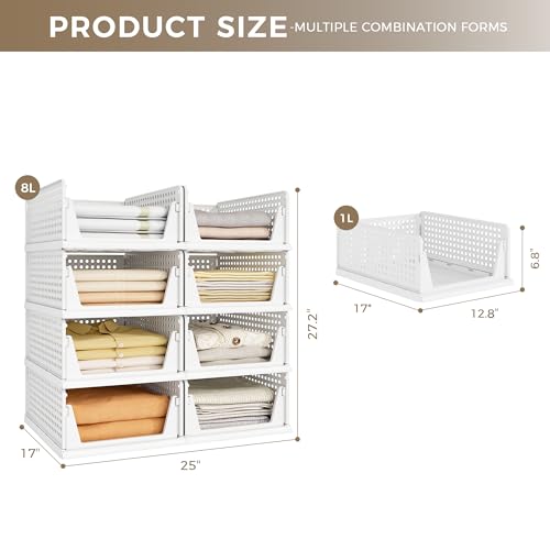White 8 Pack Stackable Closet Organizer Storage Bins - Pinkpum