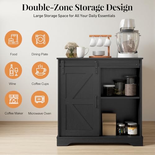 Sliding Barn Door Buffet Sideboard Storage Cabinet Black - Farmhouse Style