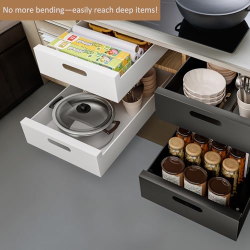 White 21-Inch Deep Pull Out Cabinet Organizer with Adhesive - 10-Inch Wide Steel Drawers, for Frameless Cabinets - 2 Pack