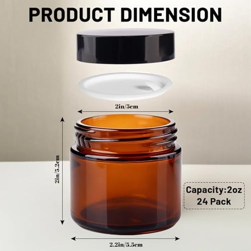 2oz Amber Glass Jars with Lids, 24 Pack Sample Containers for Storing Lotions, Moisturizers, Lip Balm and Cosmetics
