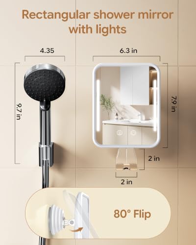Gospire White Fogless Shower Mirror with Light & 5000mAh Battery - Adjustable & Suction Mount