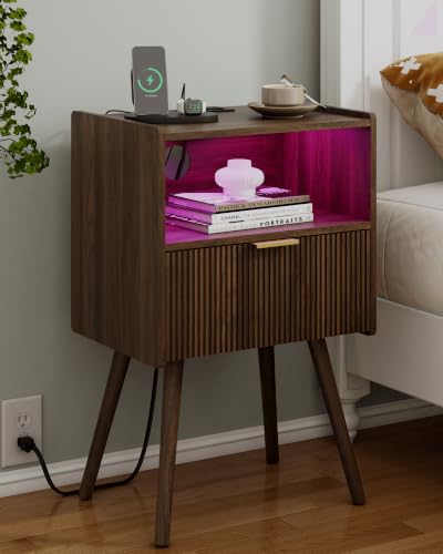 Walnut Brown Nightstand with Charging Station LED Lights Storage Drawer Open Shelf Modern Bedside Table
