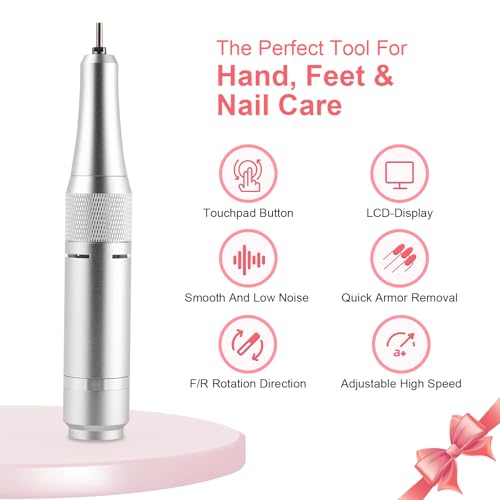 Electric 45000RPM Nail Drill Machine Rechargeable Portable Nail File Electric DIY Nail Drill Kit with Smart LCD Screen for Gel Nail Manicure and Pedicure Reflective Body etc (Blue)
