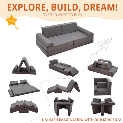 Grey 8-Piece Modular Kids Play Couch Convertible Foam Sofa Washable Cover