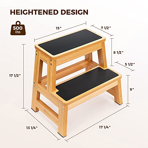 Wooden 2 Step Stool for Adults, 17.5 Inch, 500 lb Capacity, Non-Slip