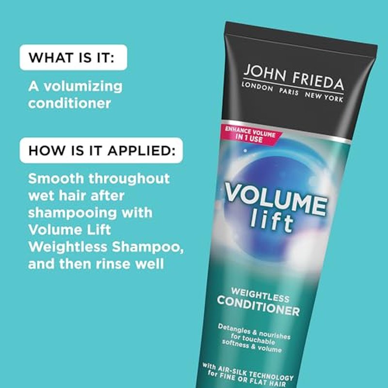 John Frieda Volume Lift Weightless Conditioner, Volumizing Conditioner with Air-Silk Technology for Fine or Flat Hair, Adds Natural Fullness, Safe for Color-Treated Hair, 8.45 Oz, Pack of 2