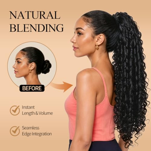 Boymia 28 Inch Black Ponytail Extension for Black Women - Drawstring & Curly, Natural Look