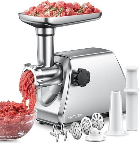 AIRMSEN Medium Electric Meat Grinder & Sausage Maker - Heavy Duty Stainless Steel, 3 Plates, Blades, Kubbe Kit, Quiet Home Kitchen