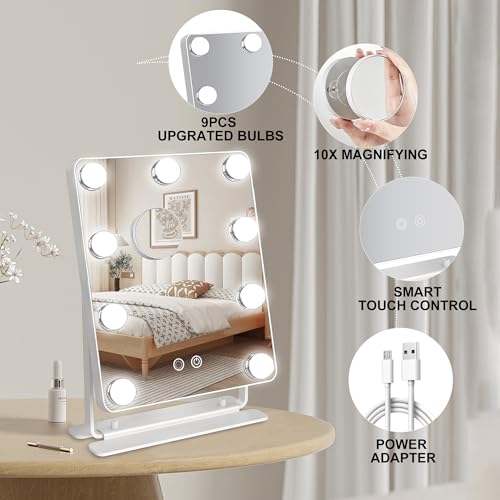 Hollywood Vanity Mirror with Lights 9" x 11", Lighted Makeup Mirror with 10X Magnification & 9 LED Bulbs Dimmable, 3 Colors Modes, Touch Control, Plug in Vanity Mirror with Lights, White
