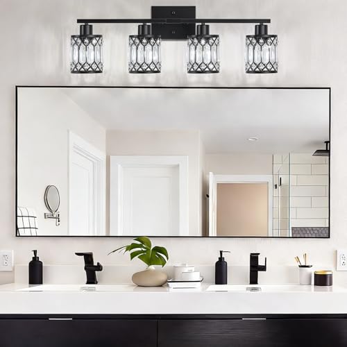 Black 4-Light Modern Crystal Bathroom Vanity Wall Light Fixture - ETL Certified