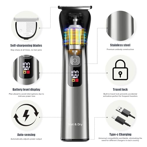 Beard Trimmer for Men ? Stainless Steel Electric Razor & Shaver, Cordless Hair Clippers Grooming Kit, IPX7 Waterproof Nose Ear Face Body Trimmer, USB-C Rechargeable with Travel Lock, Gifts for Men