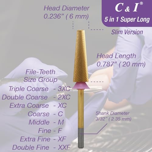 C&I 5 in 1 Nail Drill Bit Super Long Slim Efile Professional Nail Bits Nail Tech Must Have for Extension Nails Acrylic Powder Hard Gel Nail Tip Cuticle Remover Nail Supplies (Double Fine -XXF)