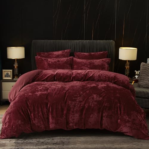 King Size Velvet Duvet Cover Set - Wine Red, 3pcs, No Comforter