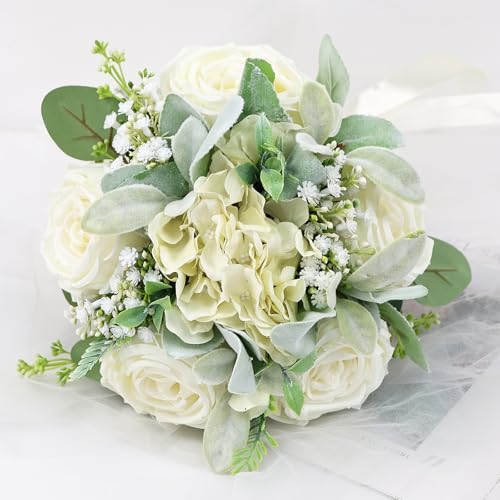 White-2 Set of 6 Bridesmaid Bouquets for Wedding - Ivory Silk Roses & Green Eucalyptus