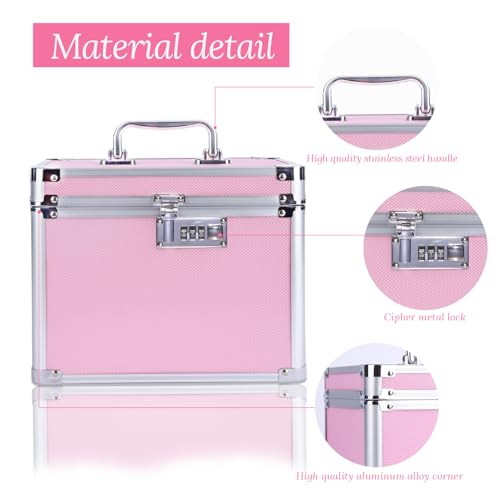 Girls Makeup Box Organizer Storage with Combination Lock, Locking Makeup Cosmetic Train Case for Women, 9.96" x 6.8" x 7.79" Travel Make up Box Pink