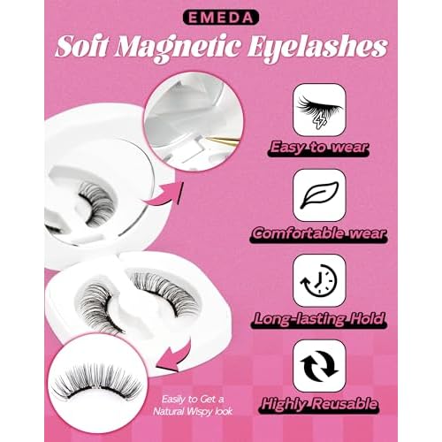 Upgrade Natural Look Soft Magnetic Eyelashes with Applicator and Lash Fixer Reusable Magnetic Eyelashes Kit, No Glue Needed Soft Magnet Lashes, Easy To Wear and Remove by EMEDA(Natural)