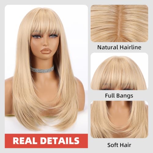 Allbell Blonde Long Straight Layered Wigs with Bangs - 22 Inch Synthetic Heat-Resistant Hair for Women