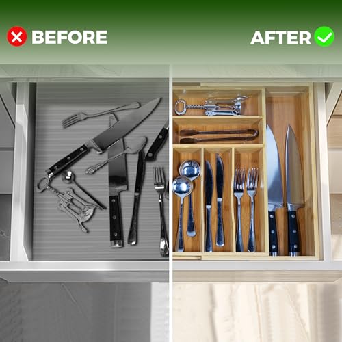 VaeFae Expandable Extra Large Bamboo Silverware Drawer Organizer with Knife Block, 20.6-35.04"