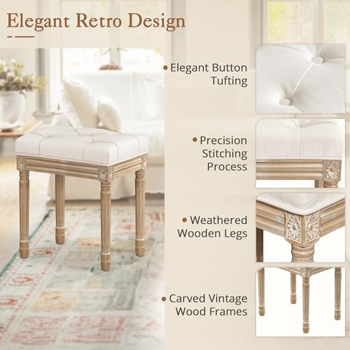 Upholstered Fabric Vanity Bench Seat with Carved Wood Legs - Beige, Variation of Beige and Wood
