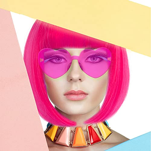 LIULIUBTY Hot Pink Short Bob Wig with Bangs & Heart Sunglasses 6Pcs Cosplay Halloween