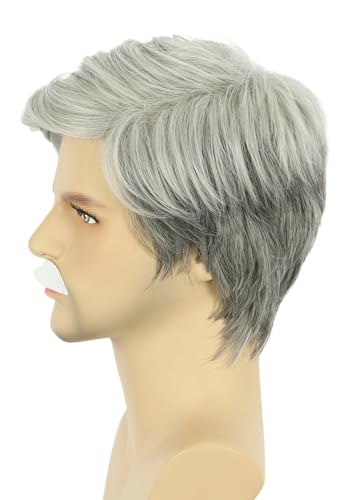 Grandpa Old Man Short Grey White Wig with Mustache - White Variation