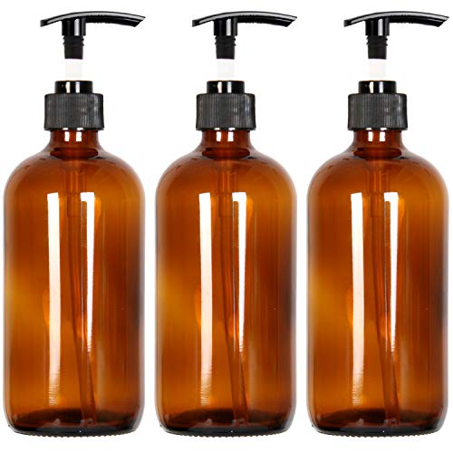 Youngever 3 Pack Empty Amber Glass Pump Bottles, 3 Pack 16 Ounce Pump Bottles, Soap Dispenser, Refillable Containers