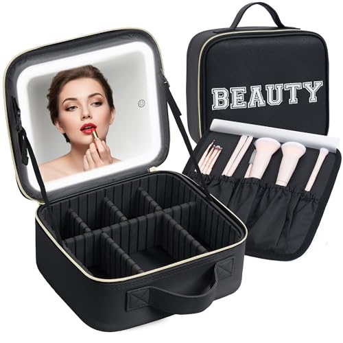 Makeup Bag with LED Mirror ? Travel Cosmetic Organizer with Lighted Mirror, Adjustable Dividers & Brush Holder Storage ? Portable PU Leather Makeup Case for Women & Girls - Black