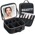 Makeup Bag with LED Mirror ? Travel Cosmetic Organizer with Lighted Mirror, Adjustable Dividers & Brush Holder Storage ? Portable PU Leather Makeup Case for Women & Girls - Black