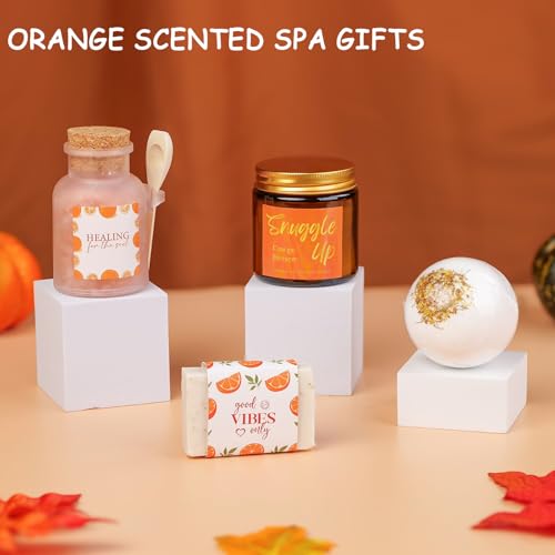 Orange Fall Gift Basket for Women with Blanket & Spa Essentials - Green Blanket Variation