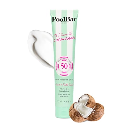 PoolBar SPF 50 Hydrating Mineral Body Sunscreen Cream for Women and Men Skin Care - Coconut Vanilla Scent Sun Care, Vegan and Water Resistant, Broad Spectrum Sunscreen, 130 ml (4.3 Fl. Oz)