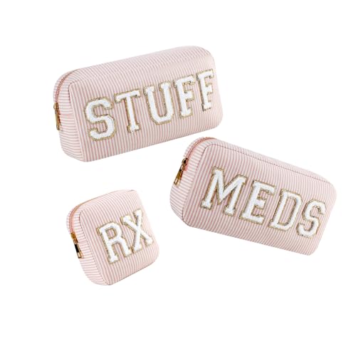 3pcs Pink Seersucker Chenille Letter Makeup & Travel Bags Set - Meds Rx Organizer