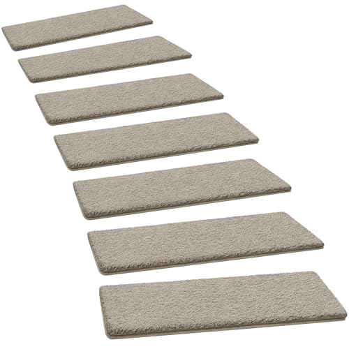 Cream Gray Carpet Stair Treads 8 x 30 Inches - 14 Pcs Ultra Plush Non-Slip Home Safety